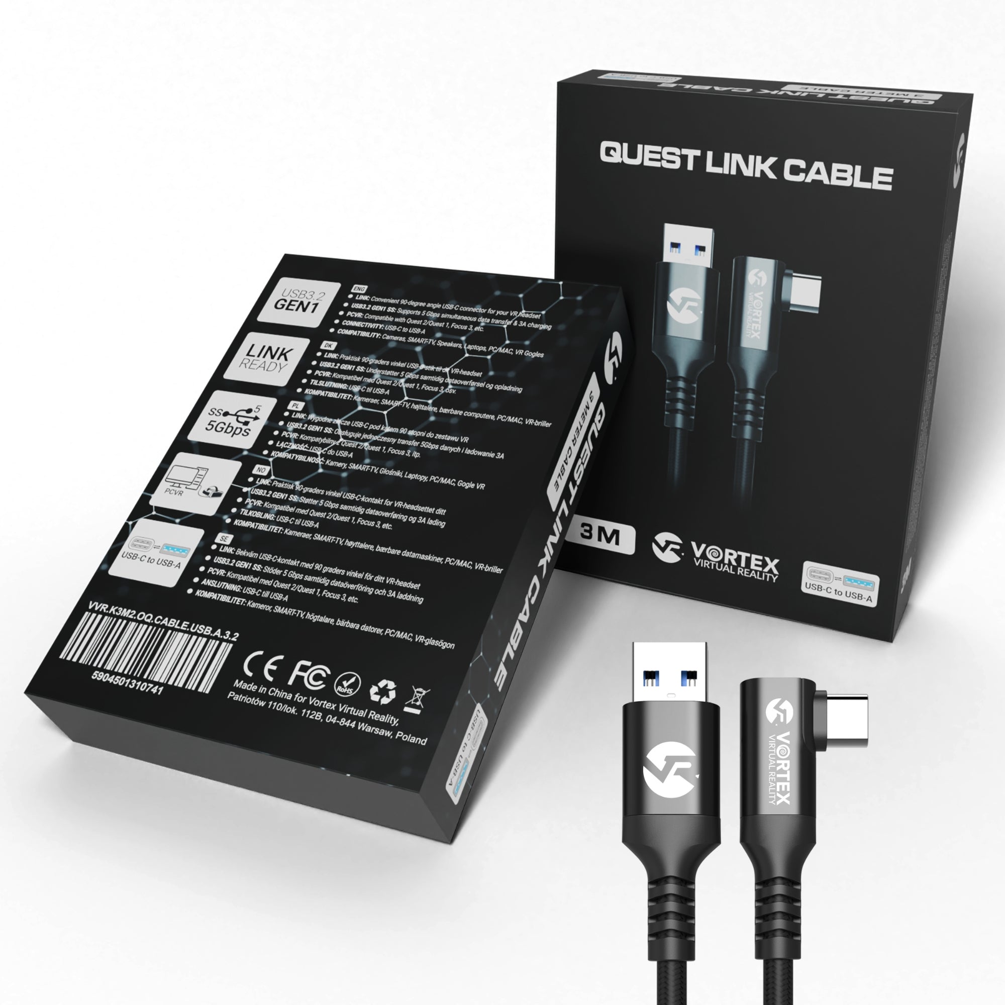 Ny 3 meter kabel fra VortexVR USB-A til USB-C Oculus Link Quest 3, Quest 2