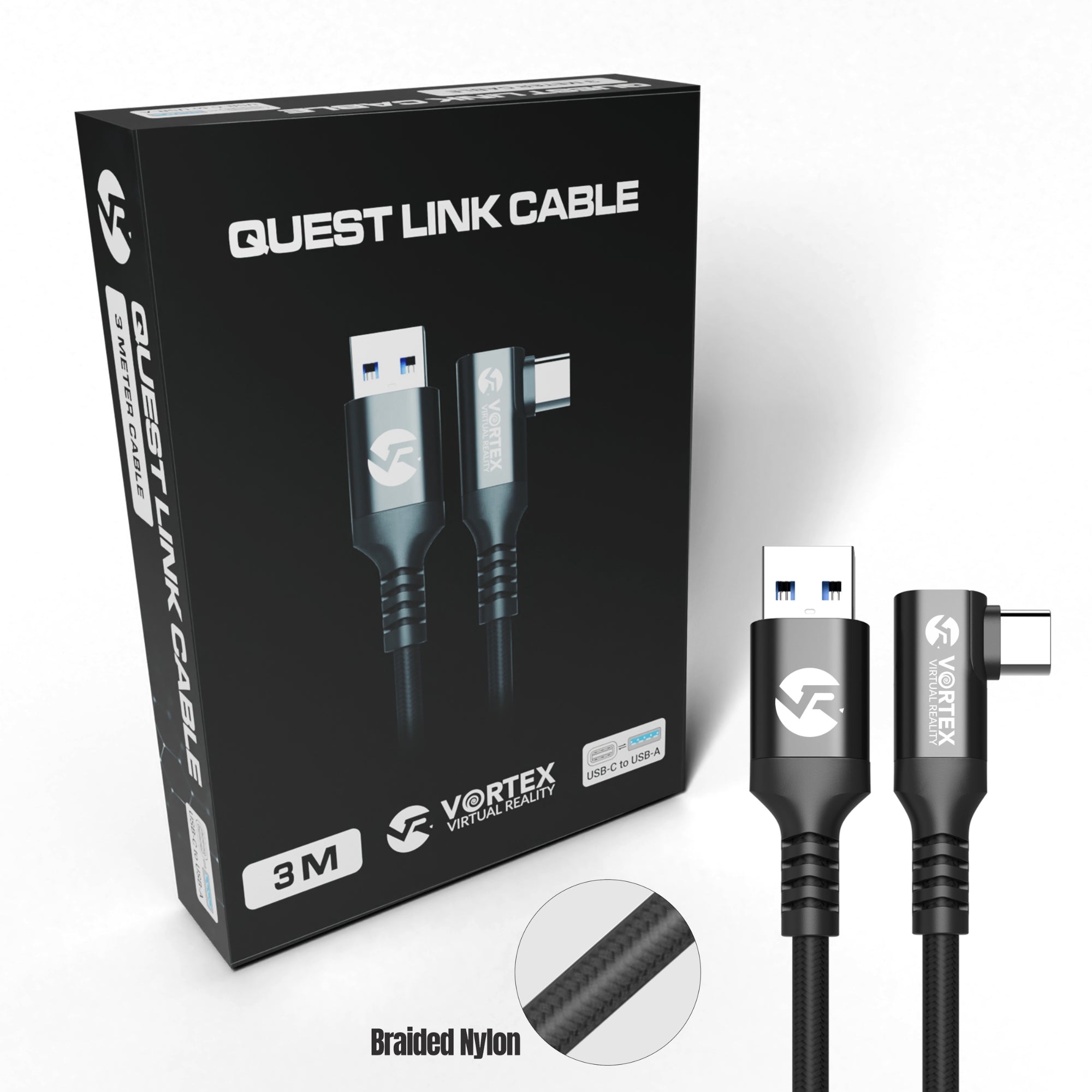 Oculus Link VortexVR-kabel 3m + feste | USB-A | for Oculus Quest 2 (eller Quest 1) | SteamVR | SideQuest